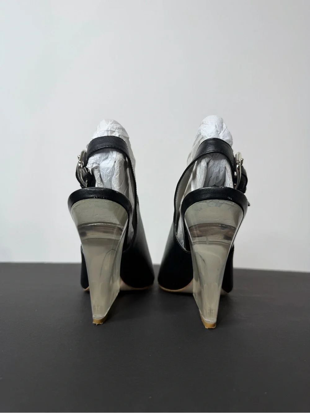 Nine West Black Leather Open-Wedge Slide Sandals with Clear Heel